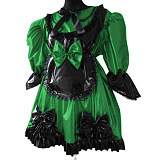 Lolita Peter Pan Collar Half Sleeve Black Frills Shiny PVC Maid Dress Unique Vinyl Glossy Leather Maid Fancy Cosplay Costume Set
