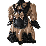 Lolita Peter Pan Collar Half Sleeve Black Frills Shiny PVC Maid Dress Unique Vinyl Glossy Leather Maid Fancy Cosplay Costume Set