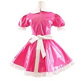 Lady Cute Doll Collar French Maid Mini Club Dress Women Summer Sissy Cosplay Sexy Short Sleeve Patent Leather Dresses with Apron