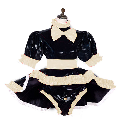 Lockable Sissy Maid Dress Plus Size Lolita PVC Maid Cosume with Bow PVC Crossdressing Fetish Wear Sissy Dress
