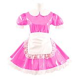 Lady Cute Doll Collar French Maid Mini Club Dress Women Summer Sissy Cosplay Sexy Short Sleeve Patent Leather Dresses with Apron