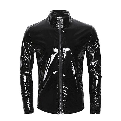 11 Colors Mens Shiny Metallic T-shirt Coat Wet Look PVC Leather Zipper Shirts Party Club wear Male Streetwear Autumn Jacket Tops