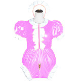 Maids Lockable Crotch Jumpsuits Rompers Sexy Cross Dressing Puff Short Sleeve Maid Cosplay Costumes Sissy Wetlook PVC Bodysuit
