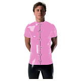 Gothic Punk Mens Latex Look T-shirt Coat Shiny PVC Leather Zipper with Buckles T-Shirts Club Costume Male Streetwear Jacket Tops