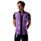 Mens Sexy See Through Jackets Clear PVC Patchwork T-shirt Fetish Plastic Stand Collar Club Tops Punk Style Front Zipper Tops
