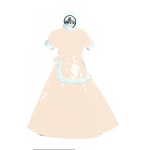 Lockable PVC French Maid Cosplay Short Sleeve Turtleneck Long Dress with Apron Maid Servant Outfit Rave Club Costumes Role Play