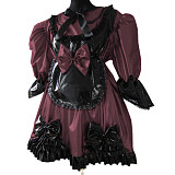 Lolita Peter Pan Collar Half Sleeve Black Frills Shiny PVC Maid Dress Unique Vinyl Glossy Leather Maid Fancy Cosplay Costume Set