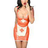 Tank Scoop Neck Sexy Nurse Dress Glossy PVC Halloween Cosplay Costumes Sleeveless Pencil Mini Dress with Apron Nurse Lingerie