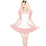 Shiny PVC Lolita 3Pcs Maid Uniforms Puff Short Sleeve Jacket Sleeveless Mini Dress Lace-up Apron Sweet Maid Cosplay Costume