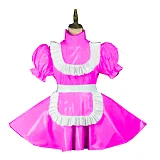 Plus Size Vintage Puff Short Sleeve Maid Dress Retro High Neck PVC Glossy Lady Lolita Mini Pleated Dress Cosplay Party Uniform