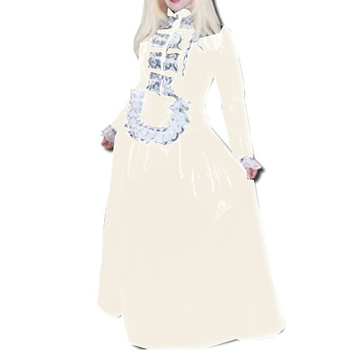 Sexy Maid Costumes Lace Tirmming Long Dress Sissy PVC Long Sleeve Lockable Stand Neck Dress Maid Uniform Dress Cosplay Fetish