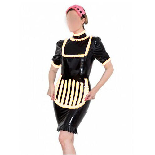 Sexy PVC Leather Ruffle French Maid Dress with Strips Apron Womens Mens Club Fancy Maid Uniform Sissy Bodycon Maid Pencil Dress