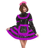 Sissy Lockable Pleated A-line Maid Dress Glossy PVC Leather Turtleneck Frills Apron Mini Maid Dress Servant Role Play Outfits