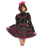 Sissy Lockable Pleated A-line Maid Dress Glossy PVC Leather Turtleneck Frills Apron Mini Maid Dress Servant Role Play Outfits