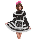 Sissy Lockable Pleated A-line Maid Dress Glossy PVC Leather Turtleneck Frills Apron Mini Maid Dress Servant Role Play Outfits