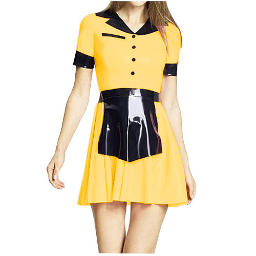 Turn-down Collar Shiny PVC French Maid Dress Short Sleeve Mini A-line Dress with Apron Outfits Halloween Cosplay Costumes 7XL
