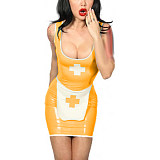 Tank Scoop Neck Sexy Nurse Dress Glossy PVC Halloween Cosplay Costumes Sleeveless Pencil Mini Dress with Apron Nurse Lingerie