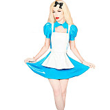 Shiny PVC Lolita 3Pcs Maid Uniforms Puff Short Sleeve Jacket Sleeveless Mini Dress Lace-up Apron Sweet Maid Cosplay Costume