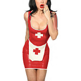 Tank Scoop Neck Sexy Nurse Dress Glossy PVC Halloween Cosplay Costumes Sleeveless Pencil Mini Dress with Apron Nurse Lingerie