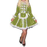Lockable Maid Cosplay Costume Uniform Stand Neck Front Zip Long Sleeve Patchwork Lace Mini Dress With Apron Sissy Female Dress