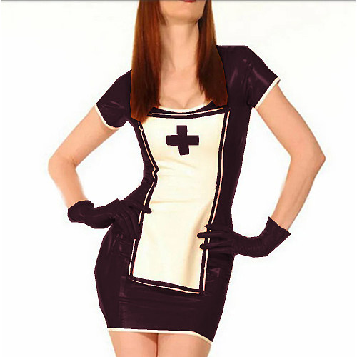 Nurse Cosplay Dress Sexy Glossy PVC Patchwork Slim Pencil Mini Dress Apron With Gloves Nurse Funny Short Dress Costume Sets 7XL