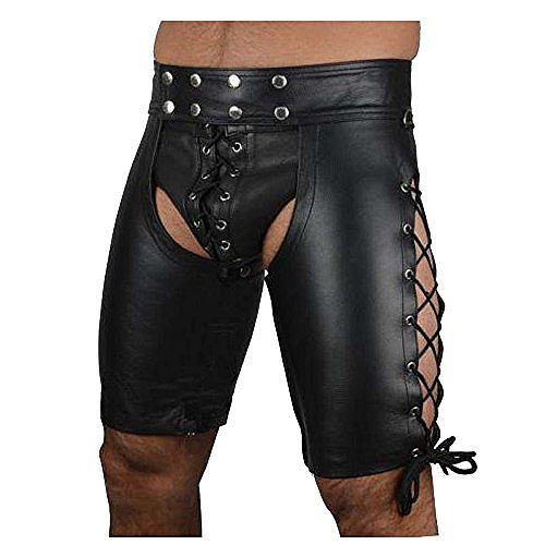 Men's Sexy Faux Leather Pants Open Butt Briefs Lace Up Boxer Shorts Underwear