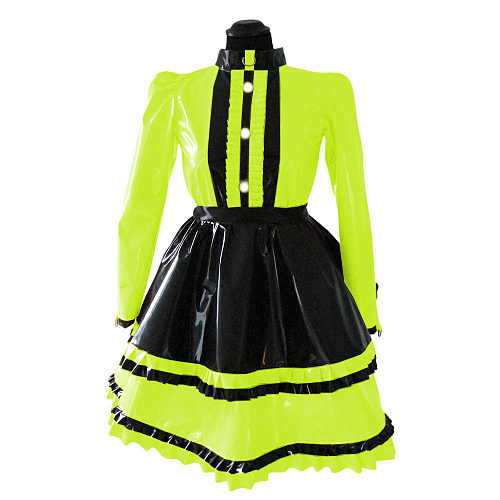 Lockable Sissy Sexy French Maid Shiny PVC Uniform Outfit Puffy Bubble Sleeve Ruffles Maid Dress with Apron Halloween Costumes