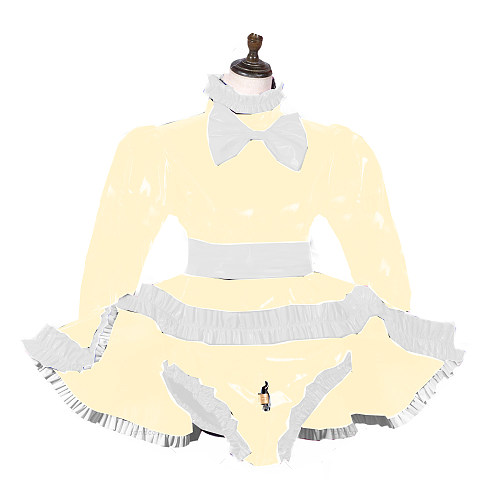 Long Sleeve Sissy Dress PVC Bow Pant Dress Lockable French Maid Outfit Shiny Lolita Cosplay Crossdresser Plus Size S-7XL