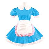 Lady Cute Doll Collar French Maid Mini Club Dress Women Summer Sissy Cosplay Sexy Short Sleeve Patent Leather Dresses with Apron