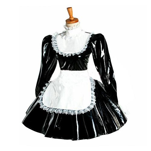Plus Size Puff Sleeve Maid Cosplay Dress Ladies Lolita PVC Wetlook Apron Dress