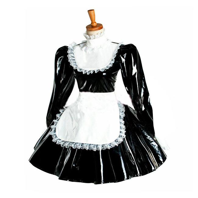 Plus Size Puff Sleeve Maid Cosplay Dress Ladies Lolita PVC Wetlook Apron Dress