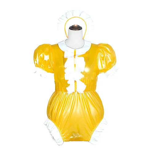 23 Colors Puff Short Sleeve Maid Cosplay Costume Sexy Wetlook PVC Bodysuit Women High Cut Jumpsuit Novelty Stage Fancy Dress