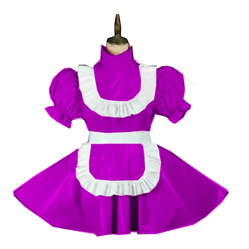 Plus Size Vintage Puff Short Sleeve Maid Dress Retro High Neck PVC Glossy Lady Lolita Mini Pleated Dress Cosplay Party Uniform