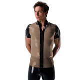 Mens Sexy See Through Jackets Clear PVC Patchwork T-shirt Fetish Plastic Stand Collar Club Tops Punk Style Front Zipper Tops