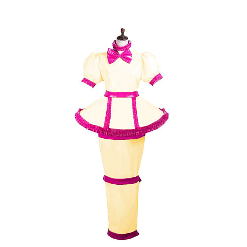 Sissy Pink Ruffles Long Maid Dresses Uniforms Lockable Zipper with Skirted Turtleneck Maxi Pencil Dress Hallowen Cosplay Outfits