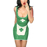 Tank Scoop Neck Sexy Nurse Dress Glossy PVC Halloween Cosplay Costumes Sleeveless Pencil Mini Dress with Apron Nurse Lingerie