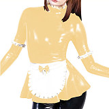 Sexy Maid Ruffle Top High Neck Frill Style Faux Latex Apron Tee Shirt Fancy Role Play Costume Shiny PVC Long Sleeve Maid Blouse