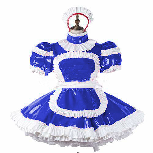 Cosplay Sissy Frills Apron Lockable Maid Dress Sexy PVC Puff Short Sleeve Turtleneck Maid Uniforms Adult Roleplay Servant Custom