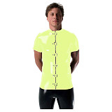 Gothic Punk Mens Latex Look T-shirt Coat Shiny PVC Leather Zipper with Buckles T-Shirts Club Costume Male Streetwear Jacket Tops