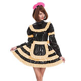 Sissy Lockable Pleated A-line Maid Dress Glossy PVC Leather Turtleneck Frills Apron Mini Maid Dress Servant Role Play Outfits