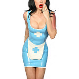 Tank Scoop Neck Sexy Nurse Dress Glossy PVC Halloween Cosplay Costumes Sleeveless Pencil Mini Dress with Apron Nurse Lingerie