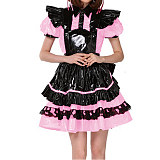 Lockable French Maid Role Play Mini Dress with Apron Sissy PVC Gothic Lace Trims Dress Uniform Cosplay Costumes Anime Unisex 7XL