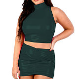 Sleeveless Turtleneck Glossy PVC Leather Back Zipper Crop Top and Pencil Mini Skirt Slim Fit Vestido 2 Piece Skirt for Women 7XL