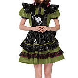 Lockable French Maid Role Play Mini Dress with Apron Sissy PVC Gothic Lace Trims Dress Uniform Cosplay Costumes Anime Unisex 7XL