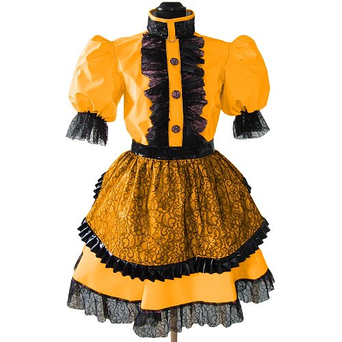 Gothic Black Lace Lockable Maid Uniforms Sissy High Neck Short Sleeve Lolita Apron Maid Dress Halloween Cosplay Fancy Dress Suit