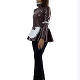 Sexy Maid Ruffle Top High Neck Frill Style Faux Latex Apron Tee Shirt Fancy Role Play Costume Shiny PVC Long Sleeve Maid Blouse
