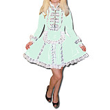 Lockable Maid Cosplay Costume Uniform Stand Neck Front Zip Long Sleeve Patchwork Lace Mini Dress With Apron Sissy Female Dress