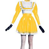 Sexy  Maid Dress Rubber Wet Look PVC Faux Sailor Japanese School Students Clothes with Trim Bow Back Zip Pleated Clubwear