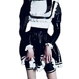 Sexy  Maid Dress Rubber Wet Look PVC Faux Sailor Japanese School Students Clothes with Trim Bow Back Zip Pleated Clubwear