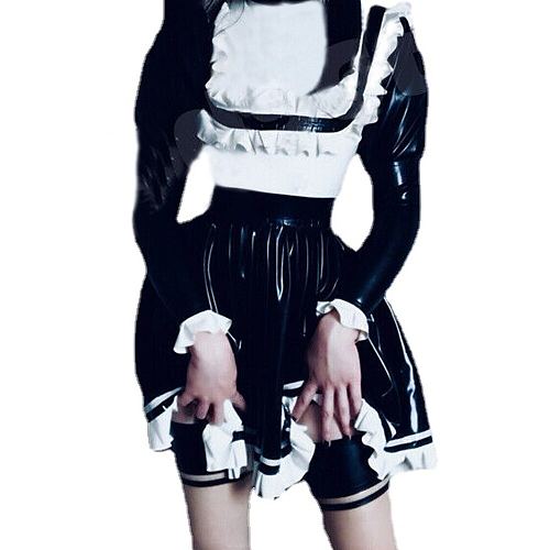 Sexy  Maid Dress Rubber Wet Look PVC Faux Sailor Japanese School Students Clothes with Trim Bow Back Zip Pleated Clubwear